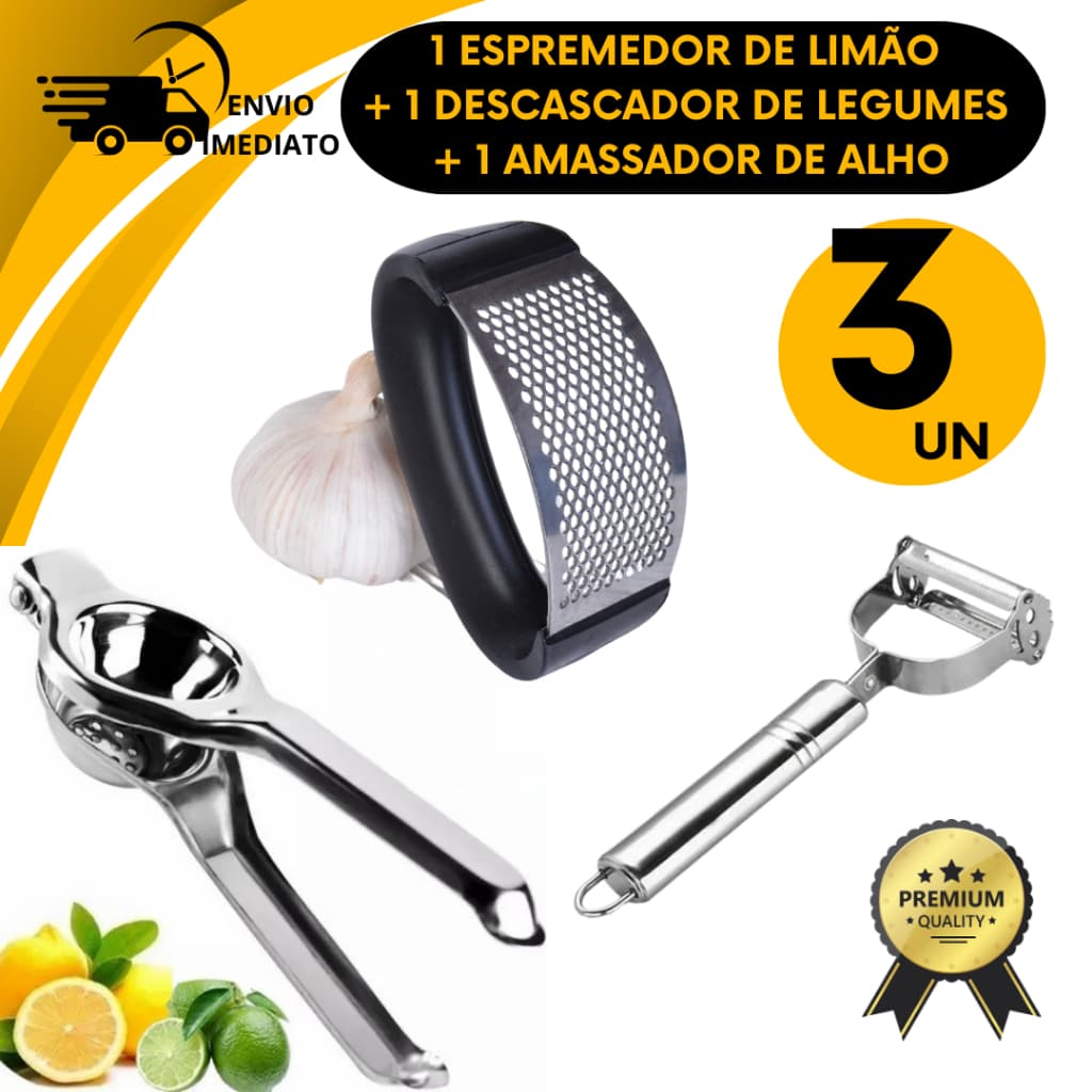 Kit 3 Utensilio Descascador Legumes Espremedor Limão Amassador Triturador Alho Aço Inox Cozinha