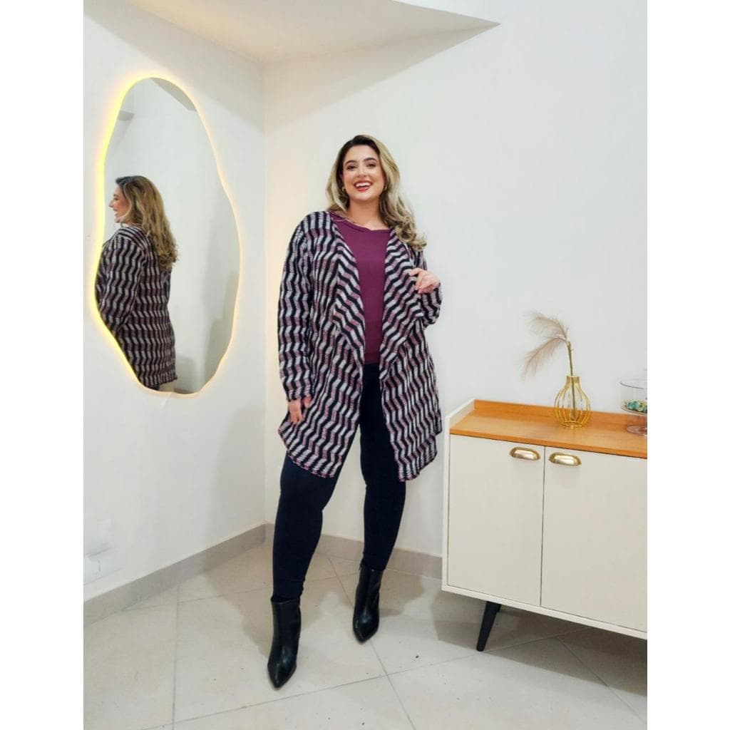 Kimono Plus Size Manga Longa Zigue Zague / Cardigã Tricô/ Casaco Feminino Plus Size Listrado Tendência