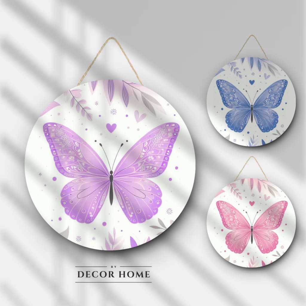 Quadro Redondo Borboleta com folhagem de pendurar decoração de casa, quarto, cozinha, sala MDF 20x20