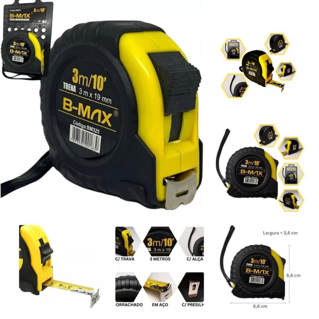 Trena B-TEK Profissional 3m/5m/10m Fita de Aço com Trava e Case Emborrachado