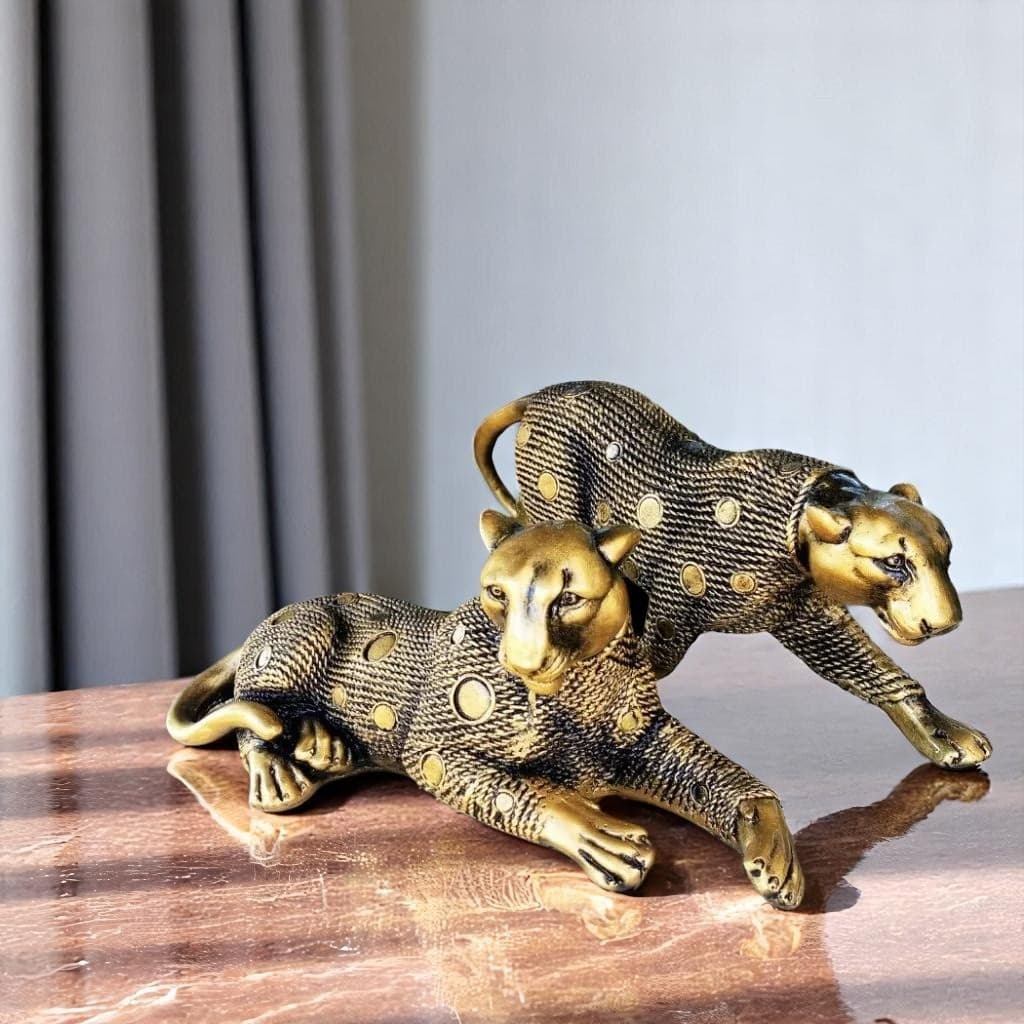 Escultura Dupla Onça Pantera Leopardo Decorativo Grande Dourado Envelhecido Casal Decoração