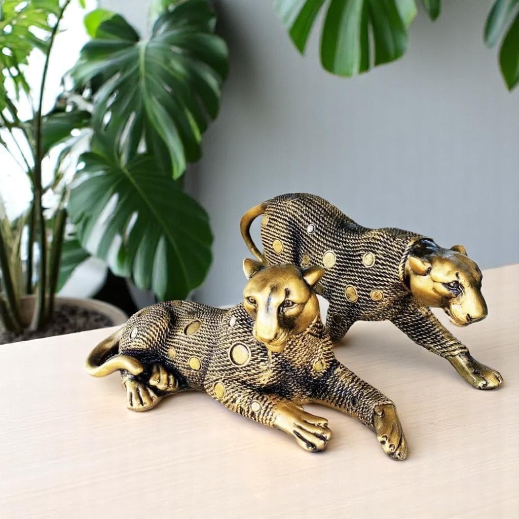 Escultura Dupla Onça Pantera Leopardo Decorativo Grande Dourado Envelhecido Casal Decoração