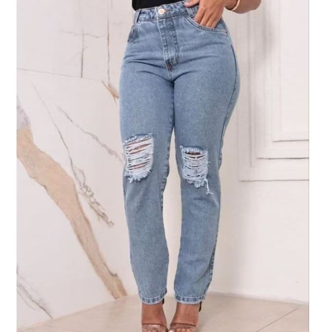 calça mom jeans feminina cintura alta jeans grosso calça rasgada