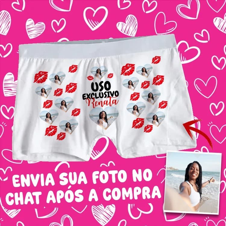 Cueca Personalizada com Foto Coração Beijos  Presente Namoro Casamento | Dia dos Namorados