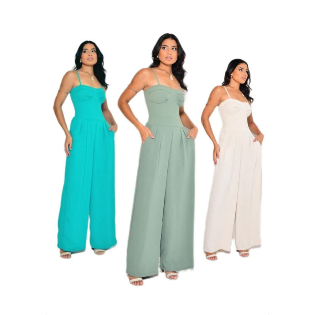 Macacão feminino longo pantalona com alça fina bolso com lastex nas costas