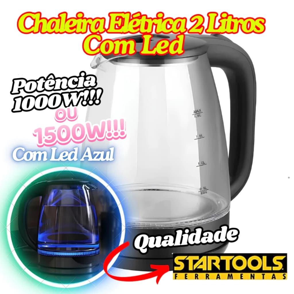 Chaleira Jarra Elétrica De 2 Litros Vidro Com Potência De 127V OU 220V Com Luz Led Azul Startools