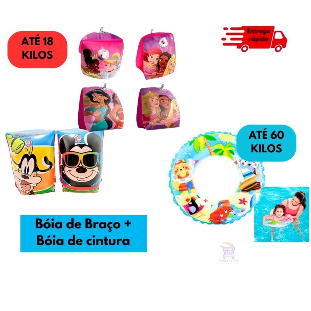 Kit Bóias Redonda 60 Kilos E Braços 18 Kilos Para Crianças De 3 A 6 Anos Praia Piscina