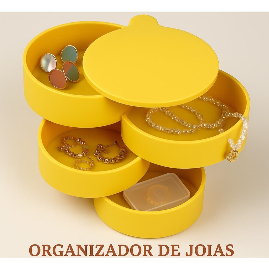 Organizador de Joias 3D Giratório 4 Andares – Porta Acessórios Brincos Colares Anéis em PLA