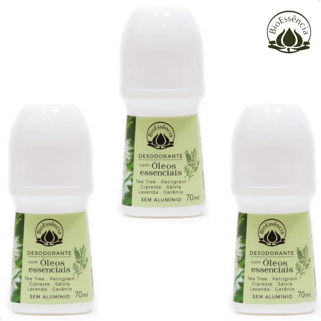 Kit 3x Desodorante Roll on Sem Alumínio Óleo Essencial Natural BioEssência 70ml