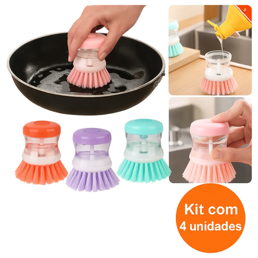 Kit 4 Escovas De Limpeza Com Dispenser De Detergente Multiuso Para Louças Panelas E Talheres