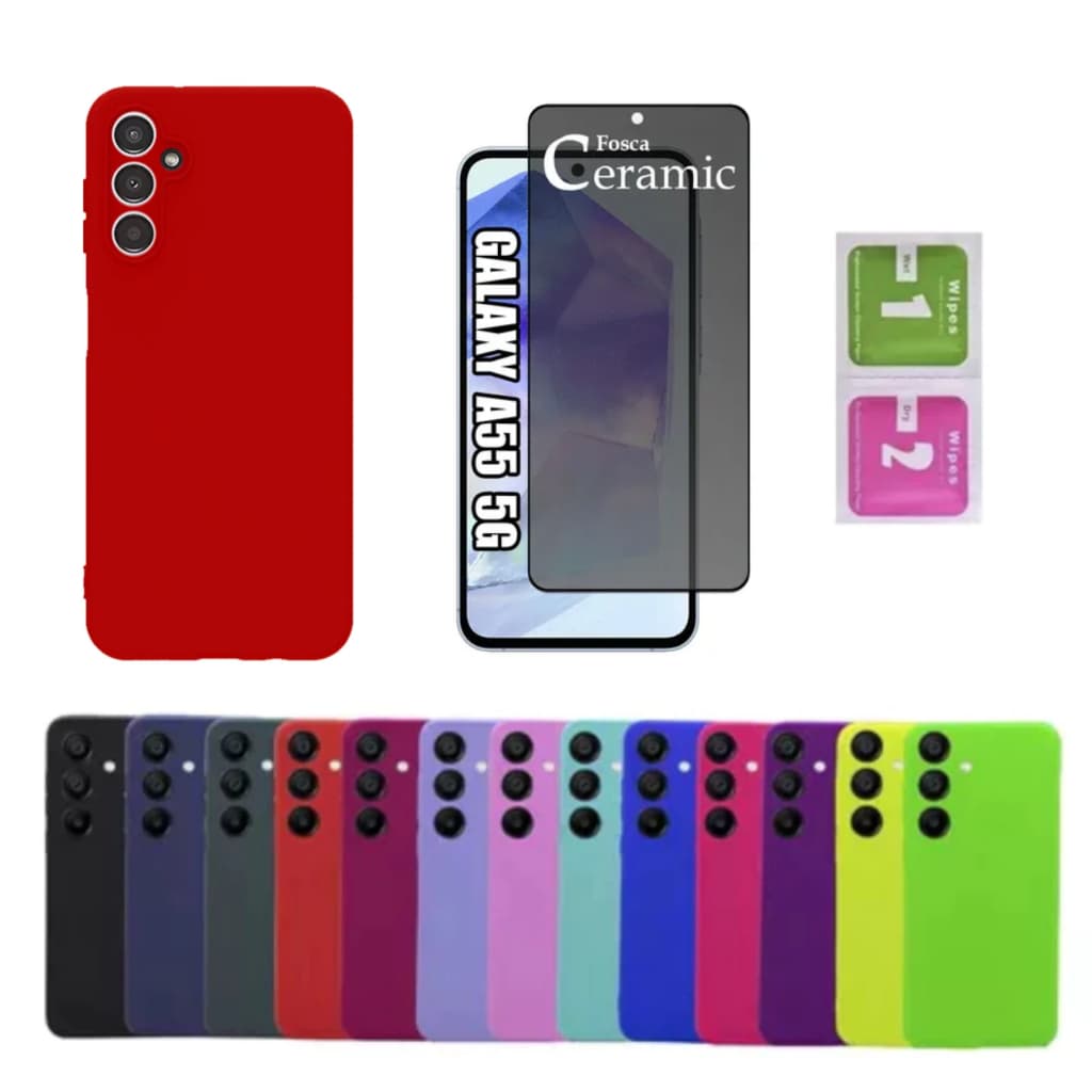Kit Para Samsung A55 - Película Fosca Privativa + Capa Aveludada Colorida Capinha