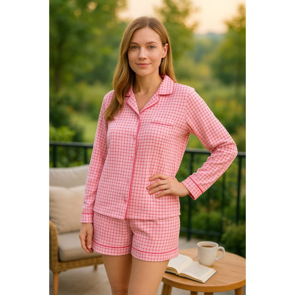 Pijama Feminino Xadrez  Estampado Bloguerinha Americano inverno gestante amamentação Malha PV