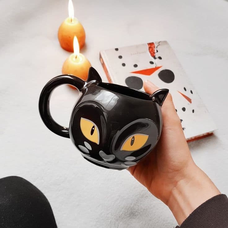 Caneca 3D gato gatinho preto cat vaso cerâmica halloween
