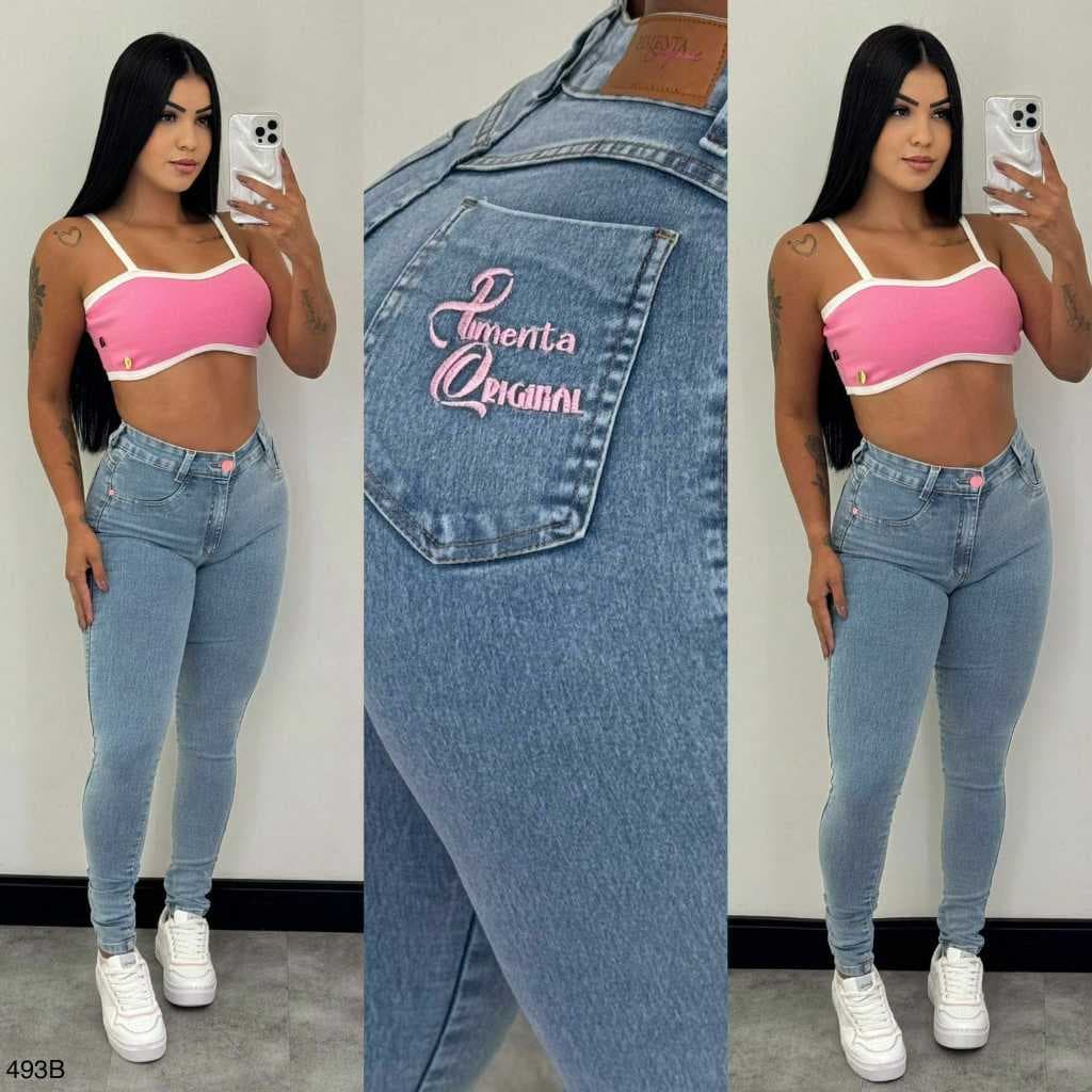 Calça Jeans Feminina Skinny Coladinha Cintura Alta Sal E Pimenta