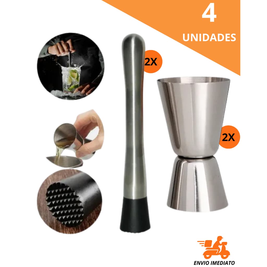 Dosador + Socador Para Drinks Bebidas Kit 4 Unidades Inox Uso Em Bares Restaurantes Buffets