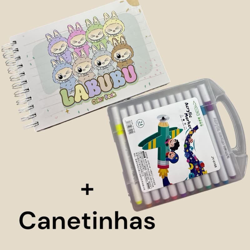 Livro De Colorir Labubu  + Kit Com 24 Canetinhas - 50 Desenhos Exclusivos