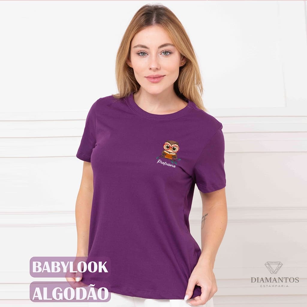 Camiseta e baby look Feminina Coruja Professora Algodão