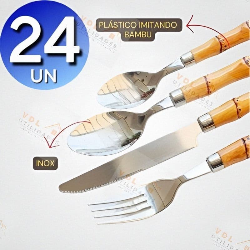 Conjunto Jogo de Talheres 24 Peças Faca Garfo Colher e Colheres de Sobremesa Em Aço Inox de Cabo Plástico Bambu