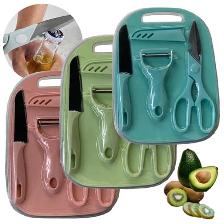 Kit De Utensílios De Cozinha 4 Peças - Faca Tesoura Descascador Tábua Culinária - Inox - 3 Cores