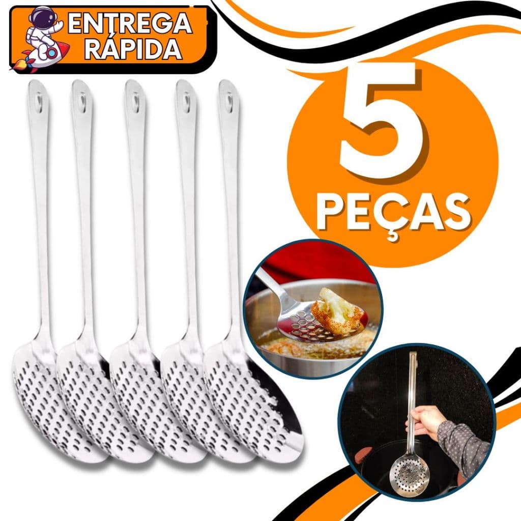 KIT 5 Escumadeira Para Arroz Massa Fritura em Aço Inox Resistente Cozinha Restaurante Churrascaria Casa