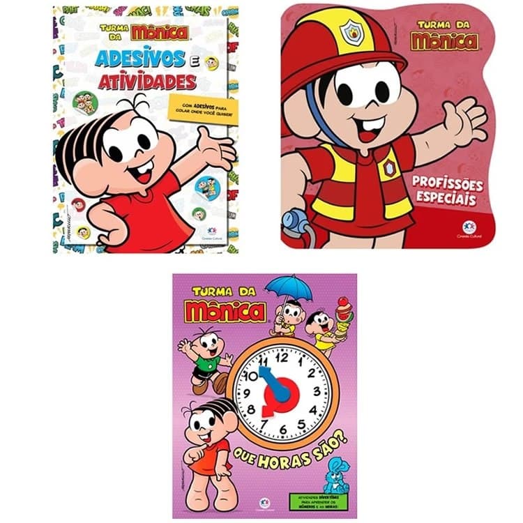 Kit Turma da Mônica 3 itens Livro de Atividades, Profissões Especiais e Aprendendo as Horas