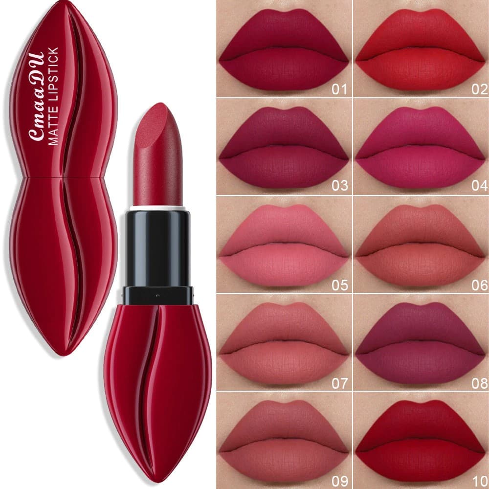 CmaaDu Batom Com Brilho Labial Fosco De 10 Cores , À Prova D'água , Duradouro , Não Desbota , Copo Antiaderente ~~