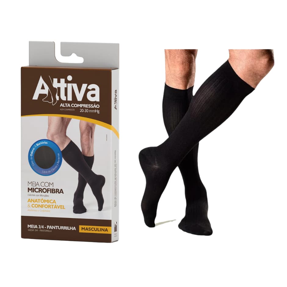 Meia 3/4 Masculina Panturrilha Alta Compressão 20-30mmhg Attiva Cor Preta Ponteira Fechada