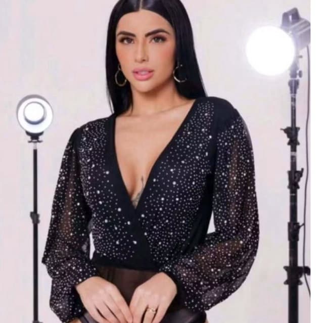 Body feminino brilhante manga longa com bojo forrado moda festa balada