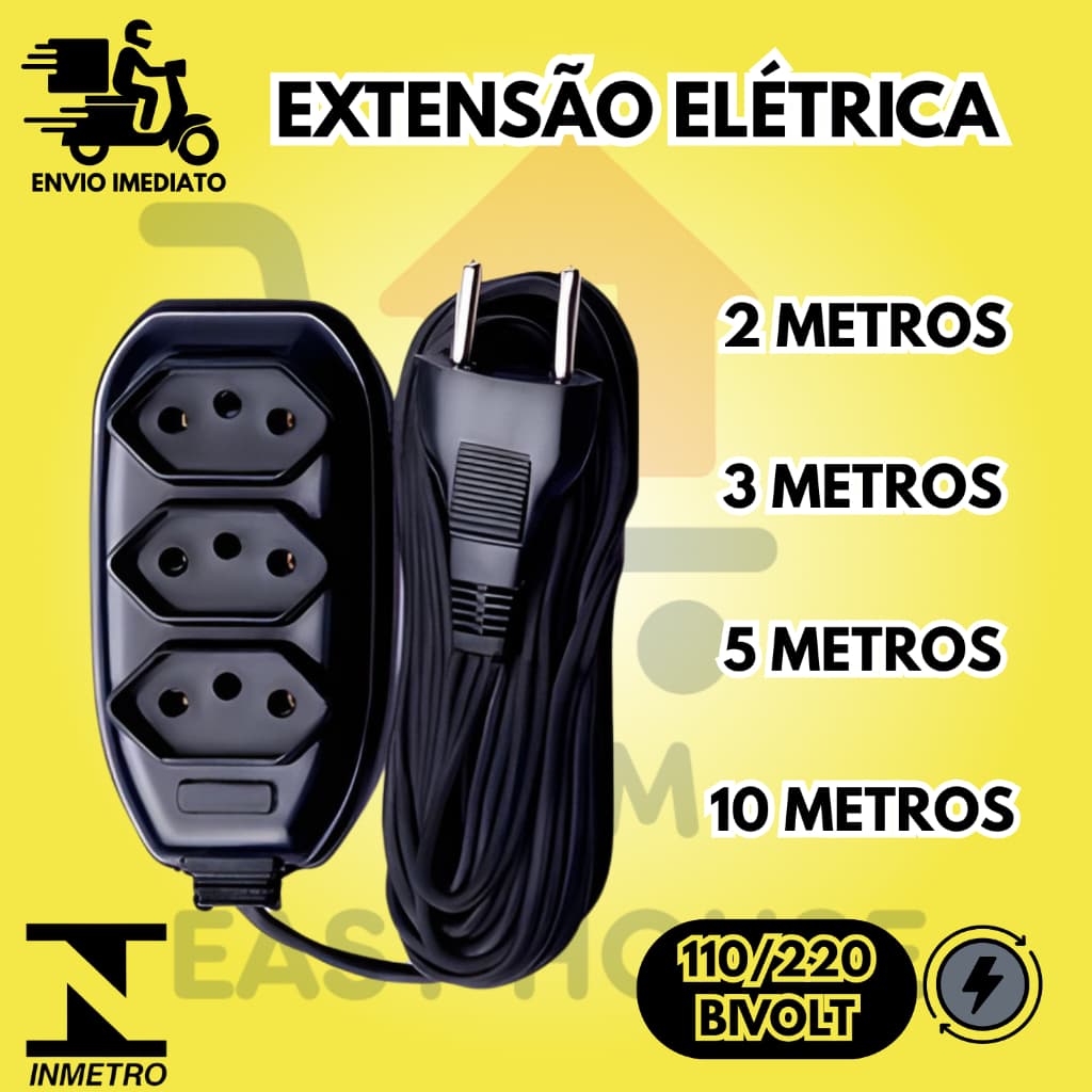Extensão Elétrica 3 Tomadas Bivolt 110v 220v Ideal Para Alexa, TV, PC com Opção de 2 3 5 e 10 Metros
