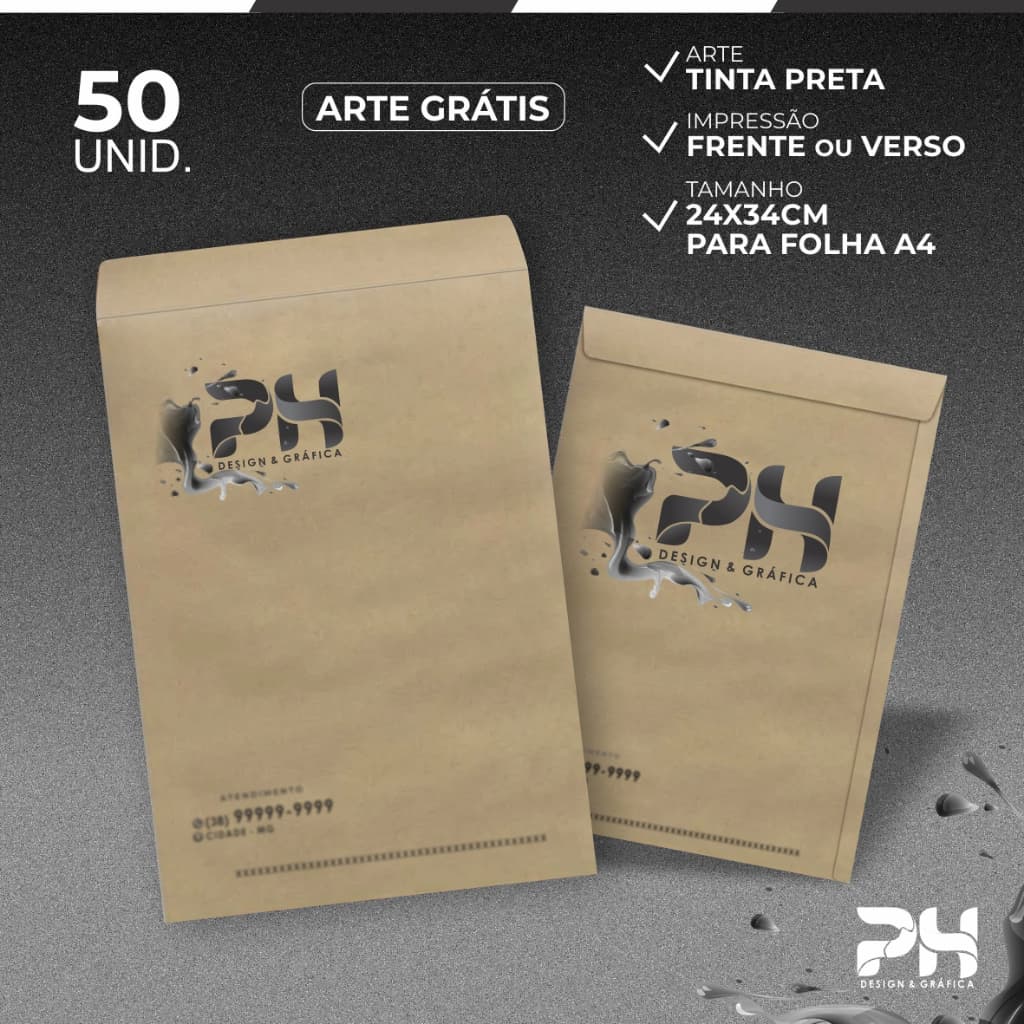 50 Envelopes Pardos Personalizados A4 - Arte Grátis - Com sua Logomarca Tinta preta