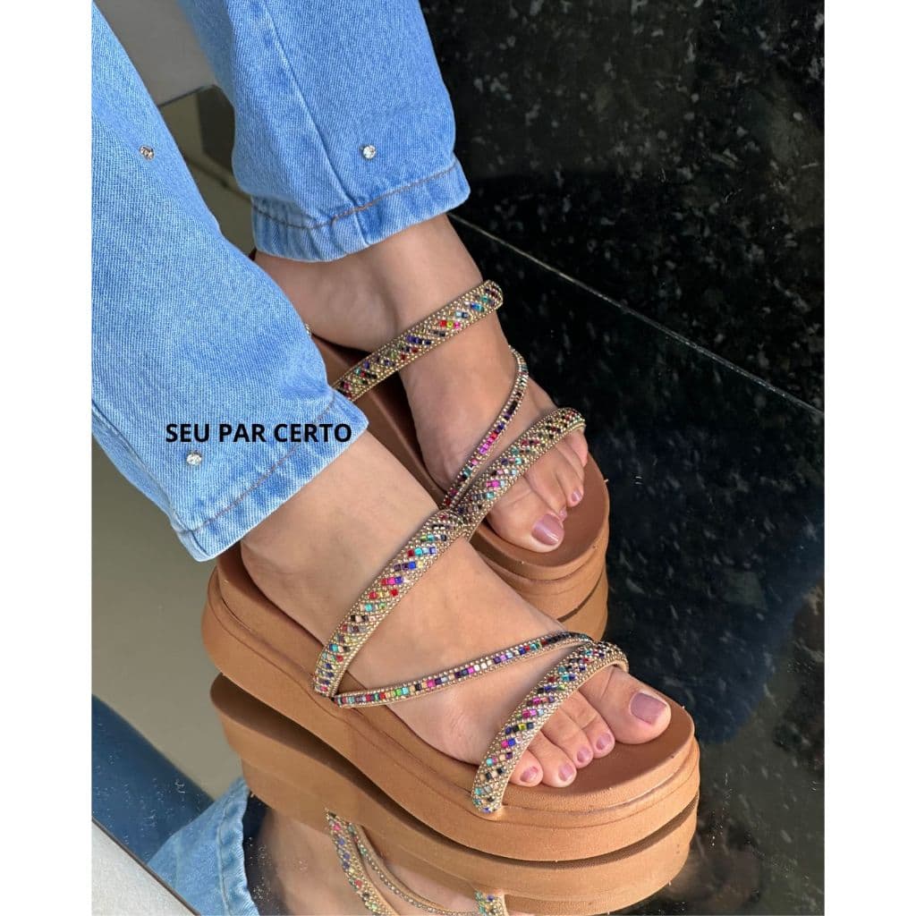 sandália papete feminina plataforma birken alta brilho strass 069 ultra confortável luxo lançamento