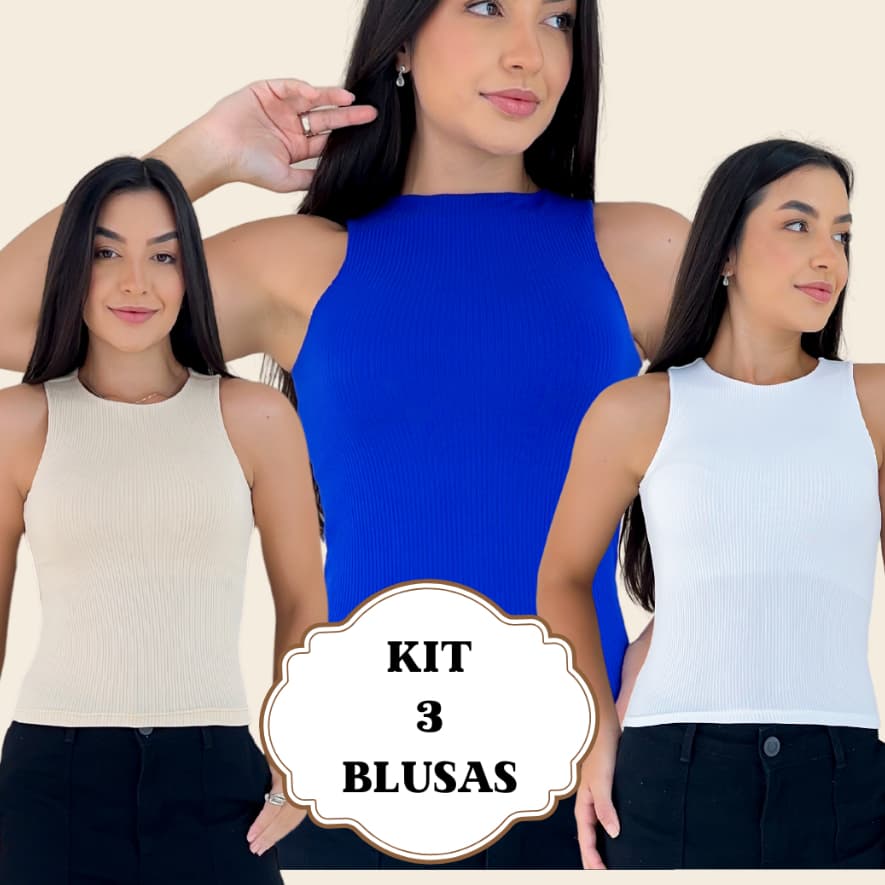 Kit 3 Blusa Regata Feminina Básica Casual Confortável Lisa