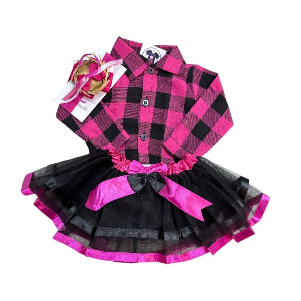 Body Bebê - Camisa Xadrez Longa + Laço +Tutu Luxo - Festa Junina