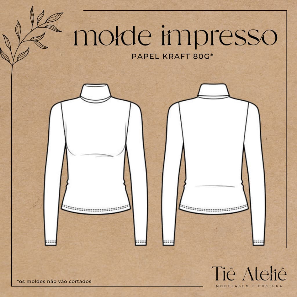 MOLDE EM PAPEL KRAFT BLUSA COM MANGA LONGA E GOLA CACHARREL SEGUNDA PELE PARA COSTURA MODELAGEM EM PAPEL KRAFT