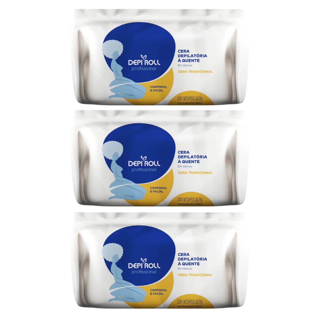 Kit com 3 Ceras Depilatória em Blocos DepiRoll - Cera Quente em Blocos Tradicional - 1Kg
