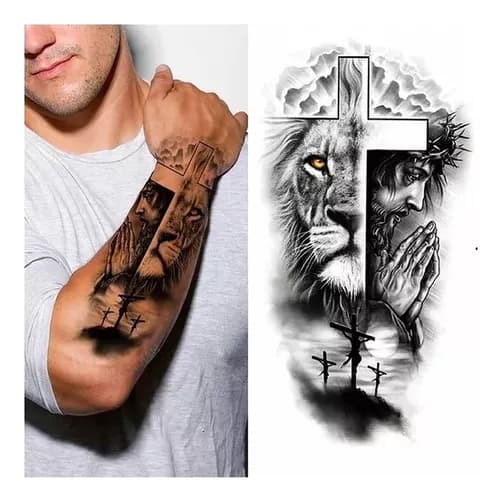 Tatuagem Temporária Leão E Jesus Cristo Masculina E Feminina