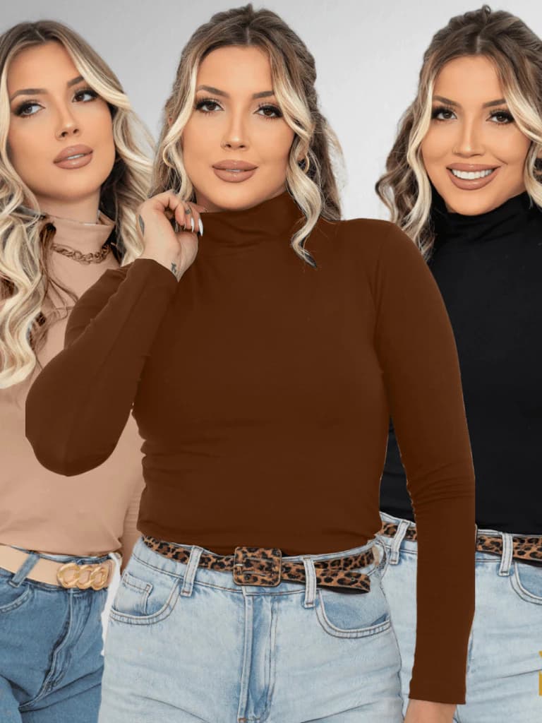 Kit 3 Blusas Femininas Lanzinha Cacharrel Gola Alta Manga Longa Inverno