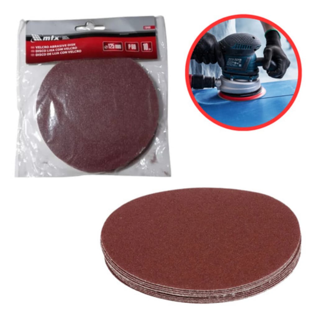 Discos de Lixa 125mm Grão 60 com Velcro – Kit com 10 Unidades para Lixadeiras e Politriz