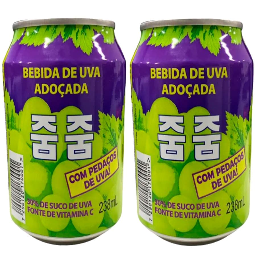 Kit com 2 Latas de Suco de Uva Verde Coreano 238ml Jumju grape com pedaços de uva