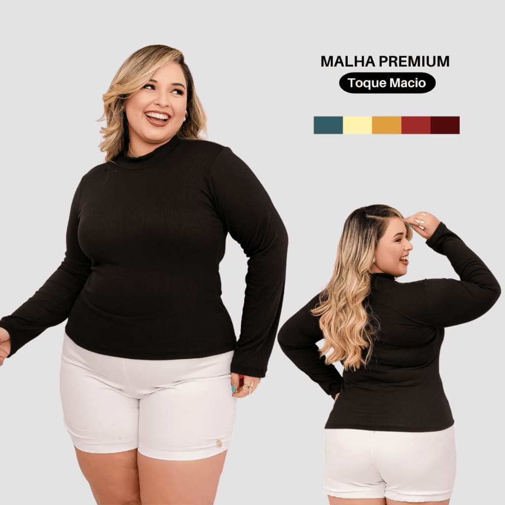 Blusa Plus Size Feminina Gola Alta Manga Longa Tipo Cacharrel – Perfeita para Dias Frios
