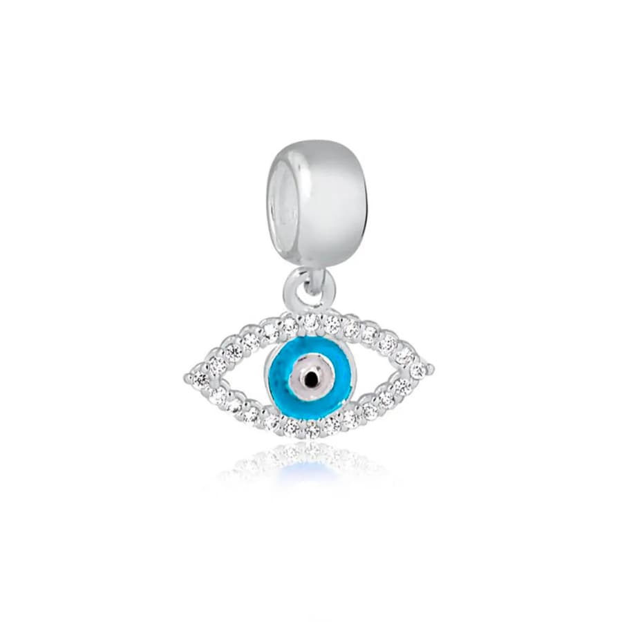Berloque Charm Olho Grego Prata 925 Zircônias, Esmaltado Branco Azul e Preto Proteção para Pulseiras
