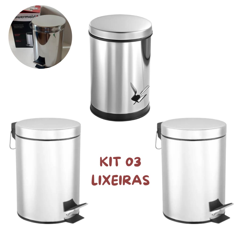 3 Lixeira Lixo Redonda Aço Inox Balde Cesto Removível Alça Pedal Para Banheiro Escritório Lavabo Fralda Cozinha 3 Litros