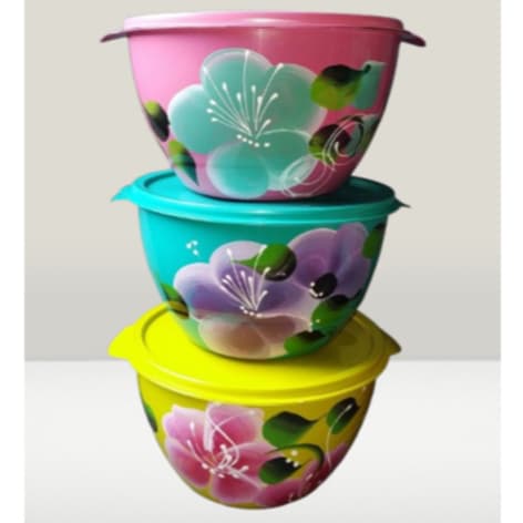 CONJUNTO DE SALADEIRAS REDONDA PARA ALIMENTO 3 LITROS PINTURA A MÃO 3 UNIDADES