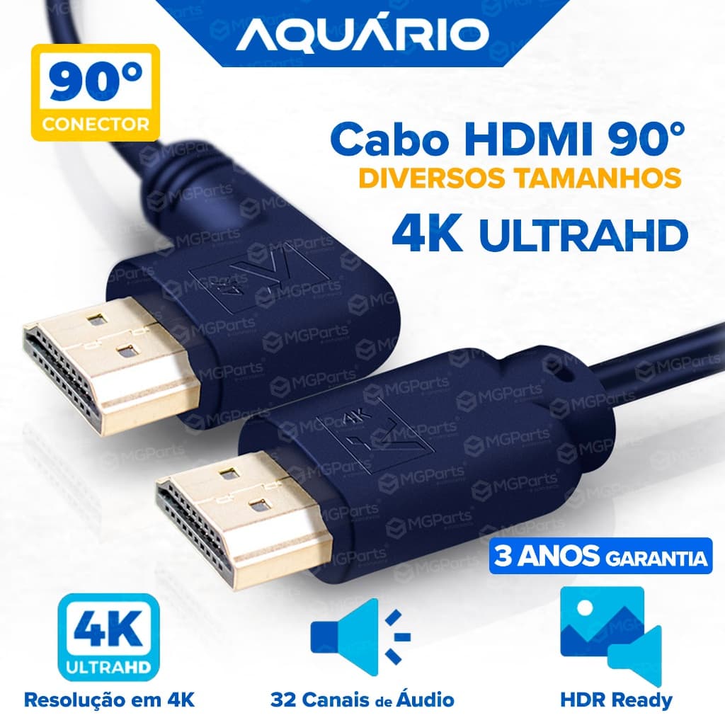 Cabo HDMI 4K Ponta Curva 90 Graus Ultra 2.0 Garantia 3 Anos 2 a 10 Metros Blindado Gold Aquário