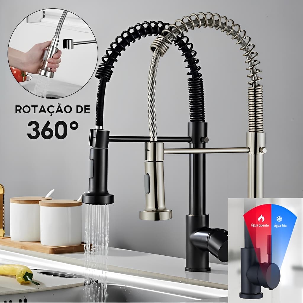 Torneira Gourmet Monocomando com Spray Extensor para Cozinha de Água Quente e Fria