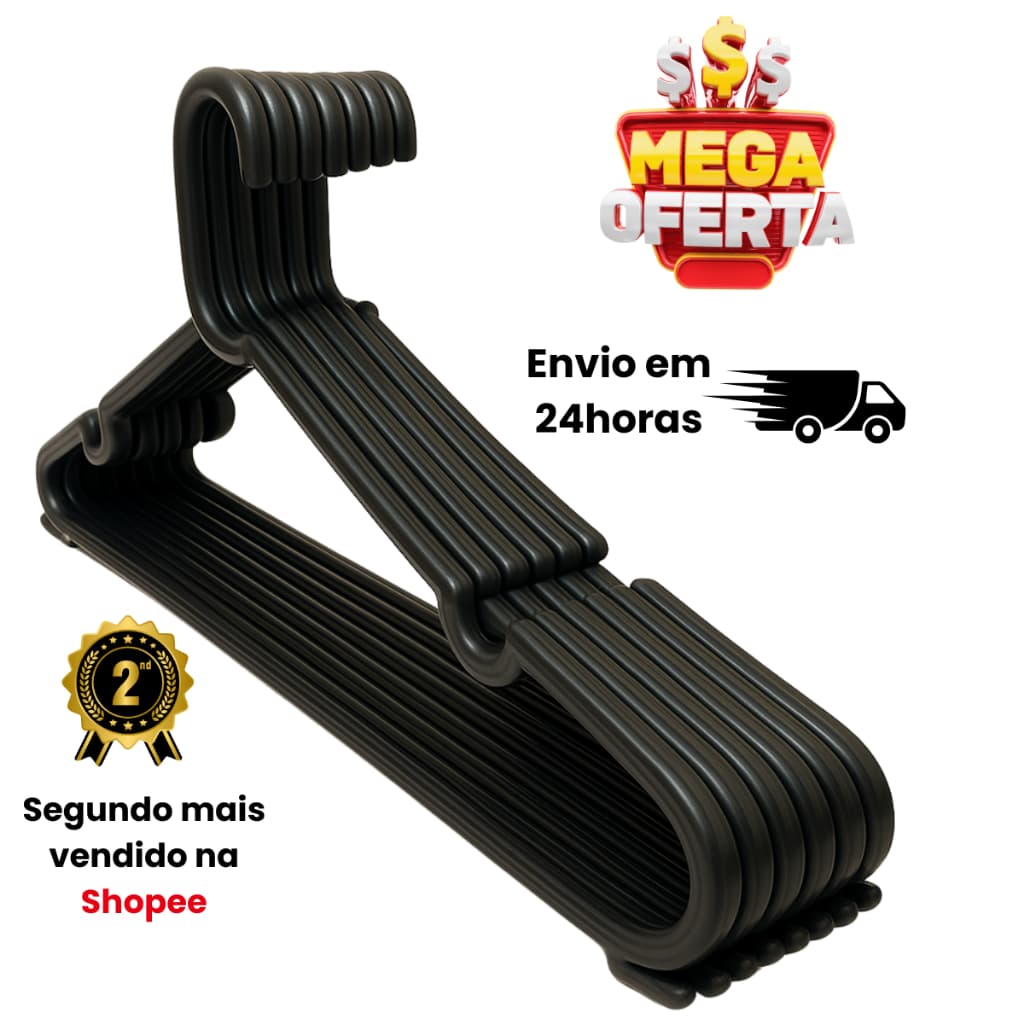 Kit Cabide Adulto Preto Reforçado – 160/180/240 Unidades Alta Resistência