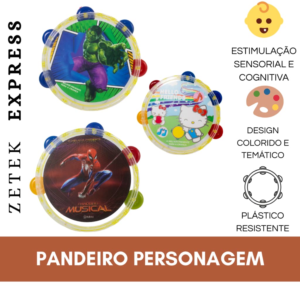 Pandeiro Infantil Instrumento Musical Brinquedo Educativo Ativação Sensorial Personagens Criança