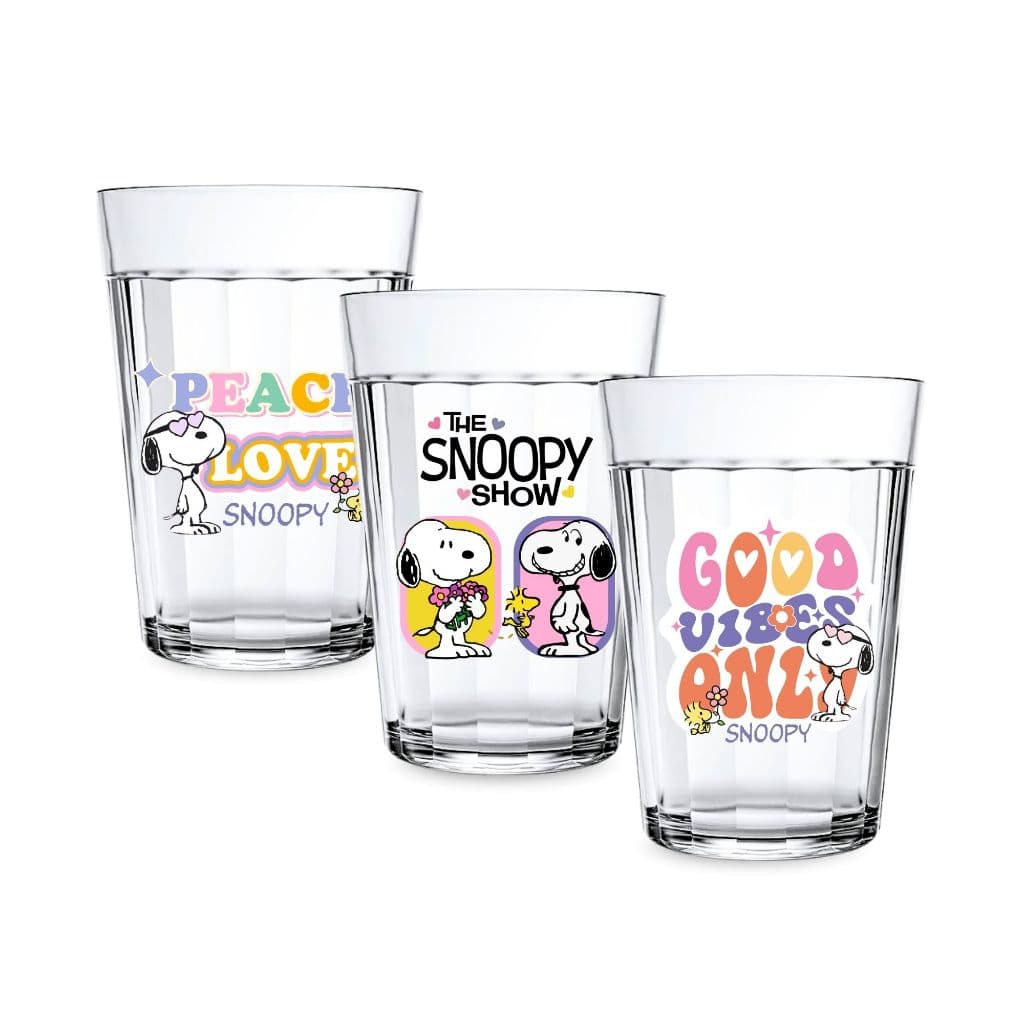 Jogo 3 Copos Americanos Vidro Personalizado Snoopy Vibes Peanuts Retrô Love Suco Água Café