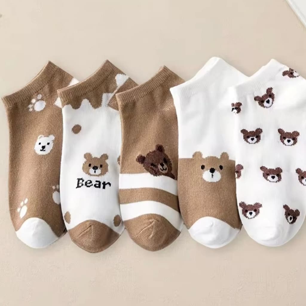 Kit 5 pares de meias soquete infantil menino cano curto algodão estampa de ursinho - Envio imediato