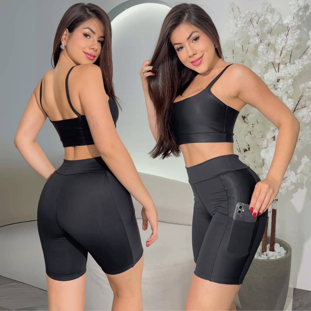 Conjunto Fitness Short e Top C/ Bolso Suplex Zero Transparência Academia Treino Corrida